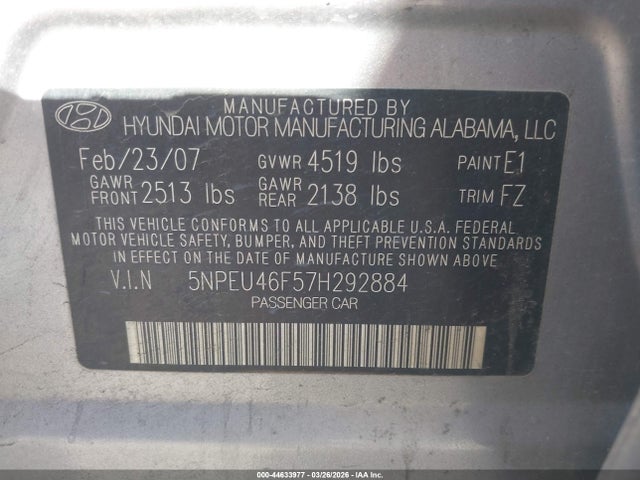 Aukcja sprzedaży 2007 Hyundai Sonata Limited/se V6, vin: 5NPEU46F57H292884, numer aukcji: 44633977