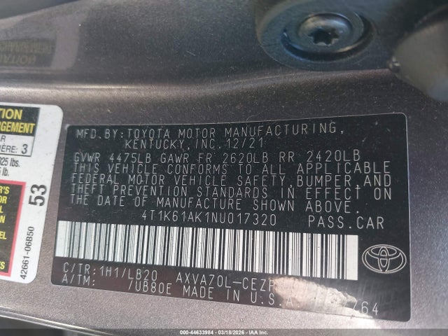 4T1K61AK1NU017320 Toyota CAMRY XSE