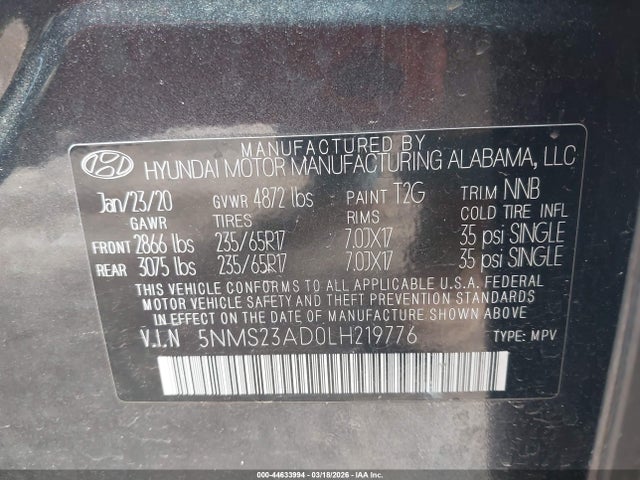 Aukcja sprzedaży 2020 Hyundai Santa Fe Se, vin: 5NMS23AD0LH219776, numer aukcji: 44633994
