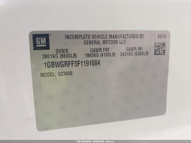 2015 Chevrolet Express 2500 Lt მანქანა იყიდება აუქციონზე, vin: 1GBWGRFF3F1191684, აუქციონის ნომერი: 44634006