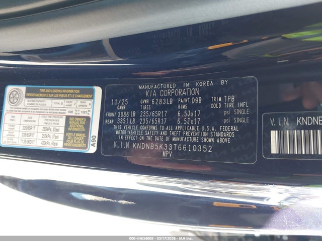 2026 Kia Carnival Mpv Lxs მანქანა იყიდება აუქციონზე, vin: KNDNB5K33T6610352, აუქციონის ნომერი: 44634008