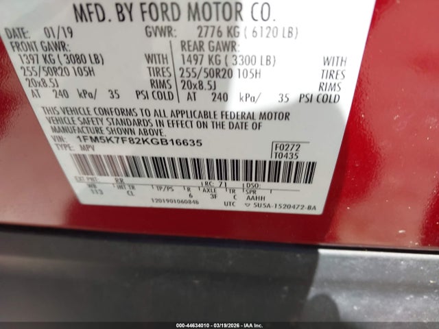 44634010 :رقم المزاد ، 1FM5K7F82KGB16635 vin ، 2019 Ford Explorer Limited مزاد بيع