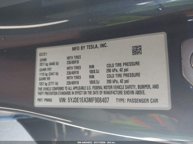 44634022 :رقم المزاد ، 5YJ3E1EA3MF908407 vin ، 2021 Tesla Model 3 Standard Range Plus Rear-wheel Drive مزاد بيع