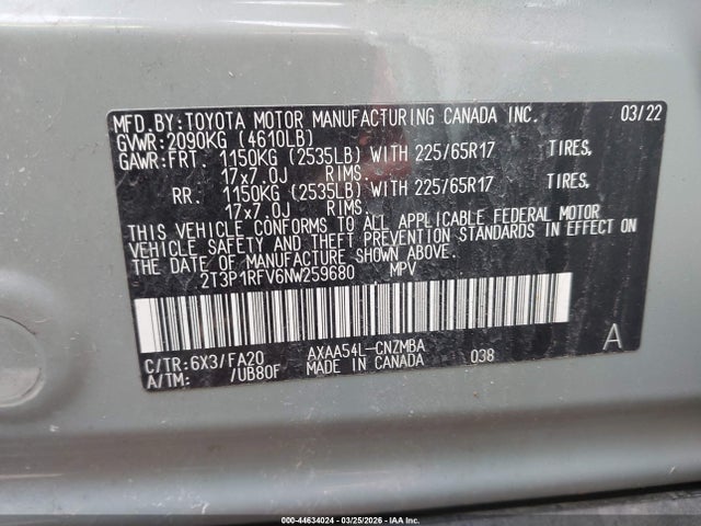 44634024 :رقم المزاد ، 2T3P1RFV6NW259680 vin ، 2022 Toyota Rav4 Xle مزاد بيع