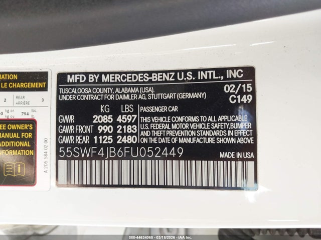 2015 Mercedes-benz C 300 მანქანა იყიდება აუქციონზე, vin: 55SWF4JB6FU052449, აუქციონის ნომერი: 44634060
