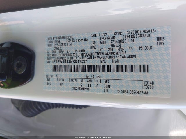Продаж на аукціоні авто 2022 Ford F-150 Xlt, vin: 1FTFW1E83NKE97537, номер лоту: 44634072