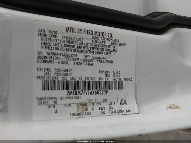2010 Mercury Grand Marquis Ls (fleet Only) მანქანა იყიდება აუქციონზე, vin: 2MEBM7FV1AX603209, აუქციონის ნომერი: 44634079