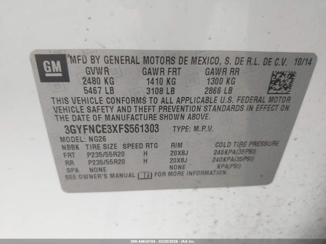 Aukcja sprzedaży 2015 Cadillac Srx Performance Collection, vin: 3GYFNCE3XFS561303, numer aukcji: 44634104