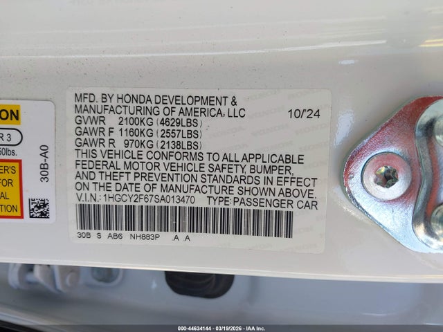 2025 Honda Accord Hybrid Ex-l მანქანა იყიდება აუქციონზე, vin: 1HGCY2F67SA013470, აუქციონის ნომერი: 44634144