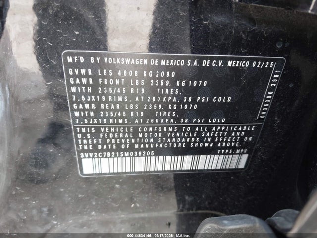 2025 Volkswagen Taos 1.5t Se Black მანქანა იყიდება აუქციონზე, vin: 3VV2C7B21SM039205, აუქციონის ნომერი: 44634146