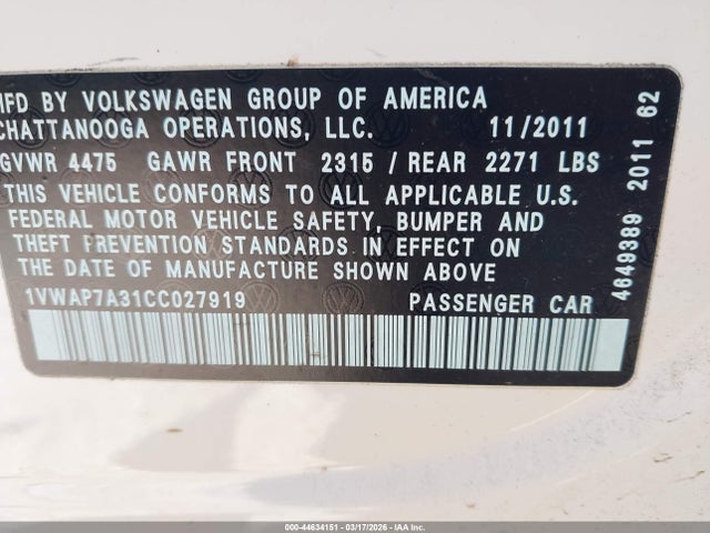 Продаж на аукціоні авто 2012 Volkswagen Passat 2.5l S, vin: 1VWAP7A31CC027919, номер лоту: 44634151