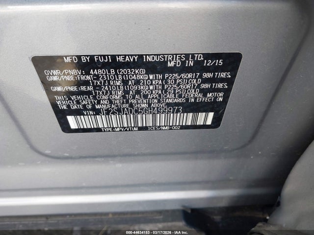 44634153 :رقم المزاد ، JF2SJADC5GH499973 vin ، 2016 Subaru Forester 2.5i Premium مزاد بيع