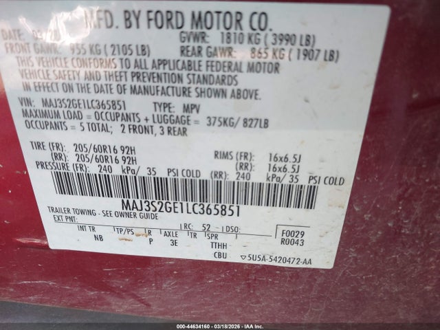 2020 Ford Ecosport Se მანქანა იყიდება აუქციონზე, vin: MAJ3S2GE1LC365851, აუქციონის ნომერი: 44634160