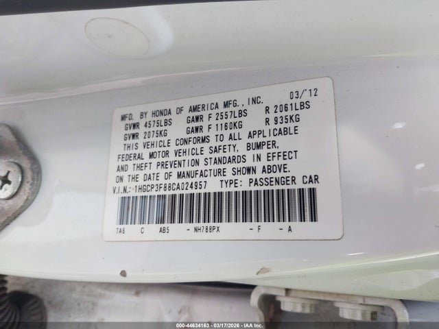 44634163 :رقم المزاد ، 1HGCP3F88CA024957 vin ، 2012 Honda Accord 3.5 Ex-l مزاد بيع