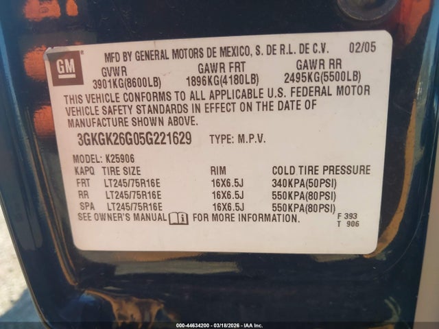 44634200 :رقم المزاد ، 3GKGK26G05G221629 vin ، 2005 Gmc Yukon Xl 2500 Slt مزاد بيع