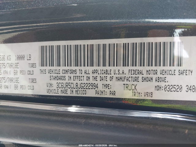 44634214 :رقم المزاد ، 3C6UR5CL8JG222994 vin ، 2018 Ram 2500 مزاد بيع