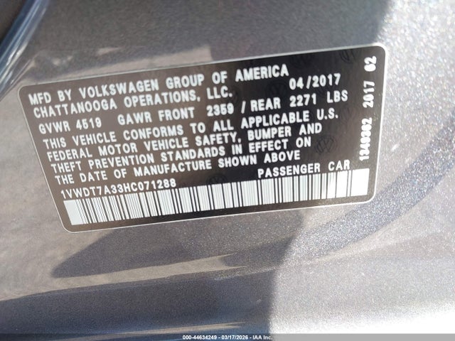 Aukcja sprzedaży 2017 Volkswagen Passat 1.8t R-line, vin: 1VWDT7A33HC071288, numer aukcji: 44634249