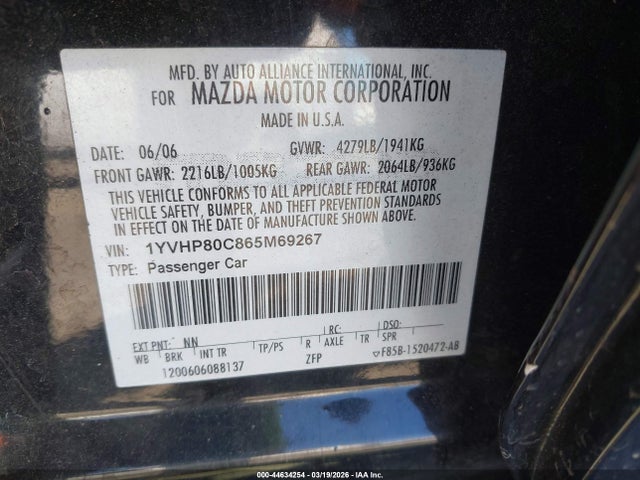 44634254 :رقم المزاد ، 1YVHP80C865M69267 vin ، 2006 Mazda Mazda6 I مزاد بيع