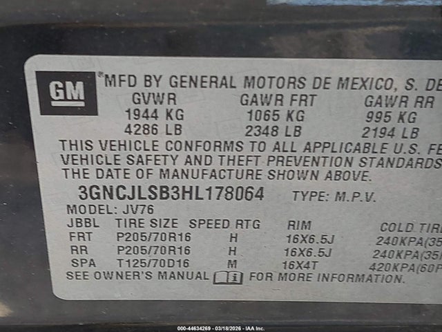 Aukcja sprzedaży 2017 Chevrolet Trax Lt, vin: 3GNCJLSB3HL178064, numer aukcji: 44634269