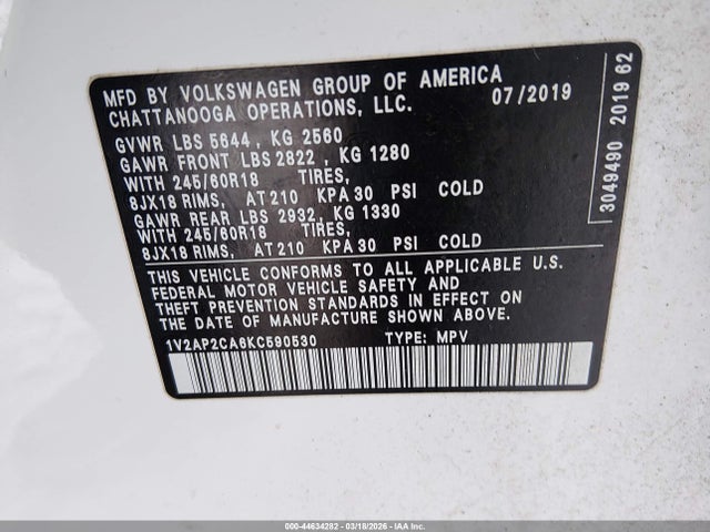 Aukcja sprzedaży 2019 Volkswagen Atlas 2.0t S, vin: 1V2AP2CA6KC590530, numer aukcji: 44634282