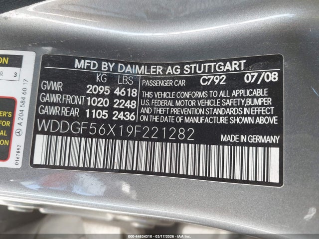 44634310 :رقم المزاد ، WDDGF56X19F221282 vin ، 2009 Mercedes-benz C 350 Sport مزاد بيع