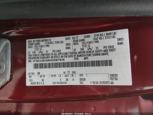 Aukcja sprzedaży 2017 Ford Escape Se, vin: 1FMCU9G98HUD67934, numer aukcji: 44634321