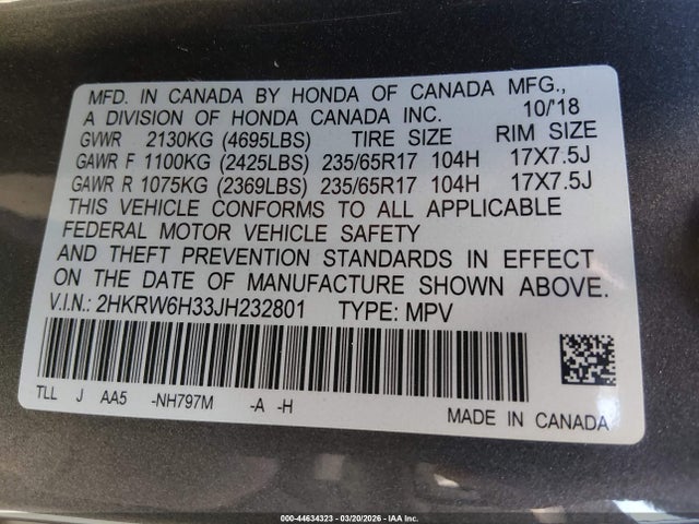 2018 Honda Cr-v Lx მანქანა იყიდება აუქციონზე, vin: 2HKRW6H33JH232801, აუქციონის ნომერი: 44634323