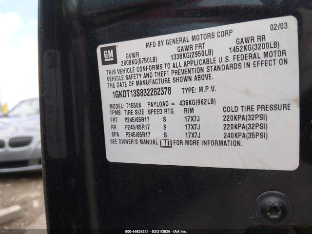 44634331 :رقم المزاد ، 1GKDT13S832282378 vin ، 2003 Gmc Envoy Slt مزاد بيع