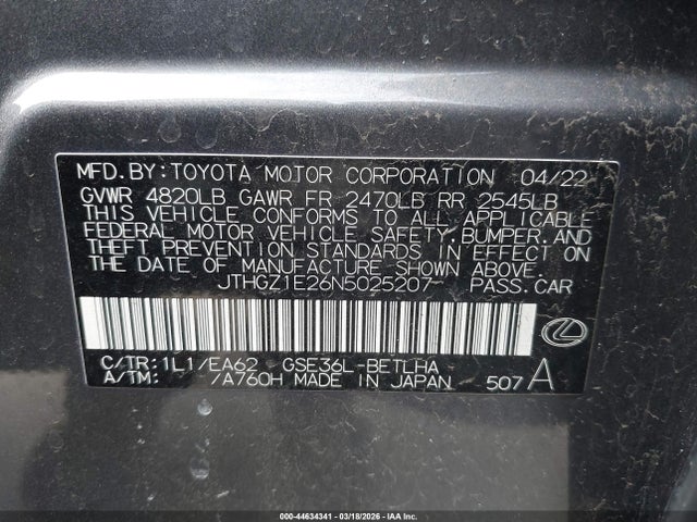 Aukcja sprzedaży 2022 Lexus Is 350 F Sport, vin: JTHGZ1E26N5025207, numer aukcji: 44634341