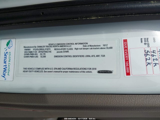 Продажа на аукционе авто 2018 Freightliner Cascadia 125, vin: 1FUJGLDR0JLJY3273, номер лота: 44634354