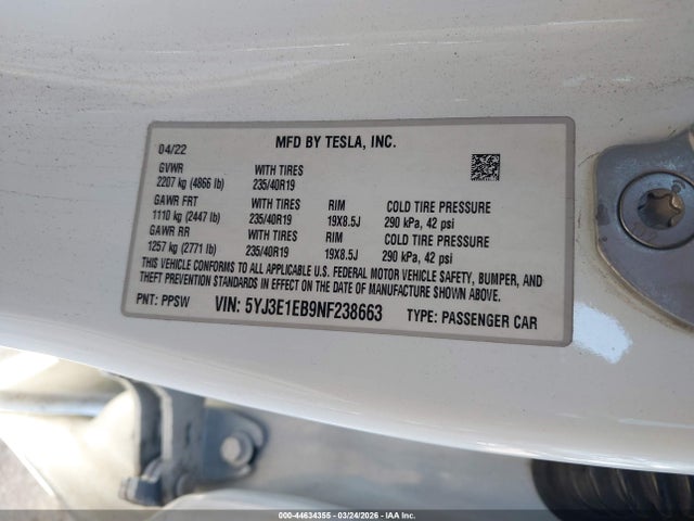 Aukcja sprzedaży 2022 Tesla Model 3 Long Range Dual Motor All-wheel Drive, vin: 5YJ3E1EB9NF238663, numer aukcji: 44634355