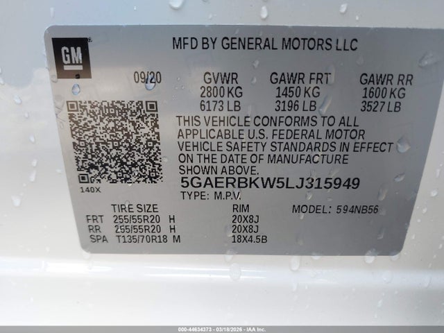 44634373 :رقم المزاد ، 5GAERBKW5LJ315949 vin ، 2020 Buick Enclave Essence مزاد بيع