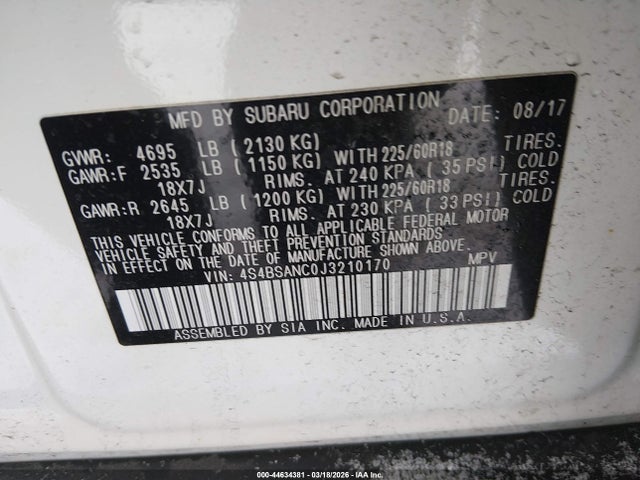 2018 Subaru Outback 2.5i Limited მანქანა იყიდება აუქციონზე, vin: 4S4BSANC0J3210170, აუქციონის ნომერი: 44634381