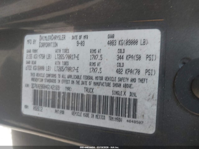 Продаж на аукціоні авто 2004 Dodge Ram 2500, vin: 3D7KA28604G142169, номер лоту: 44634404