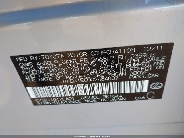 44634441 :رقم المزاد ، JTHBK1EG0C2484807 vin ، 2012 Lexus Es 350 مزاد بيع
