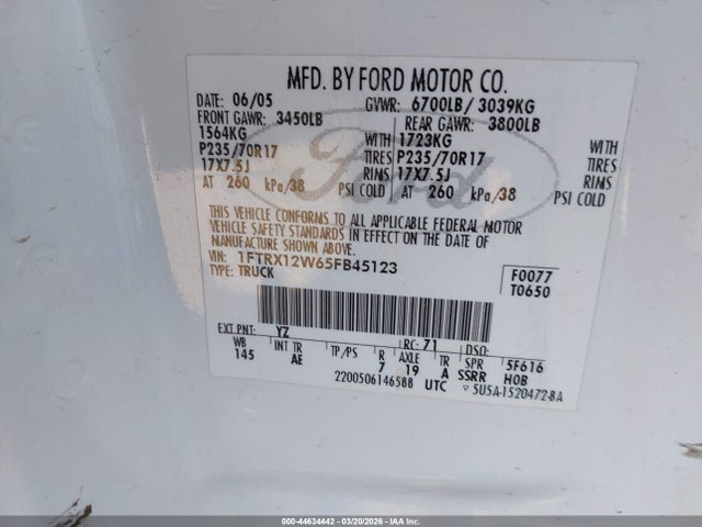 Aukcja sprzedaży 2005 Ford F-150 Stx/xl/xlt, vin: 1FTRX12W65FB45123, numer aukcji: 44634442