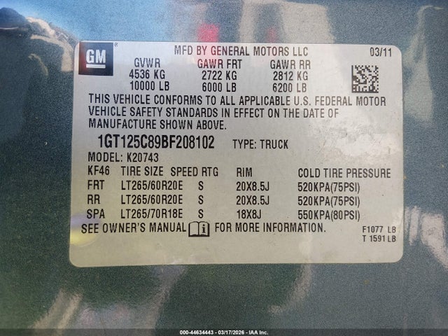 44634443 :رقم المزاد ، 1GT125C89BF208102 vin ، 2011 Gmc Sierra 2500hd Denali مزاد بيع