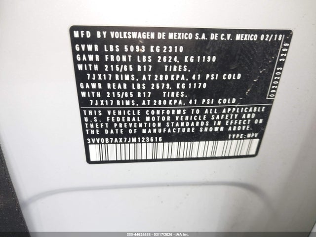 44634458 :رقم المزاد ، 3VV0B7AX7JM123616 vin ، 2018 Volkswagen Tiguan 2.0t S مزاد بيع
