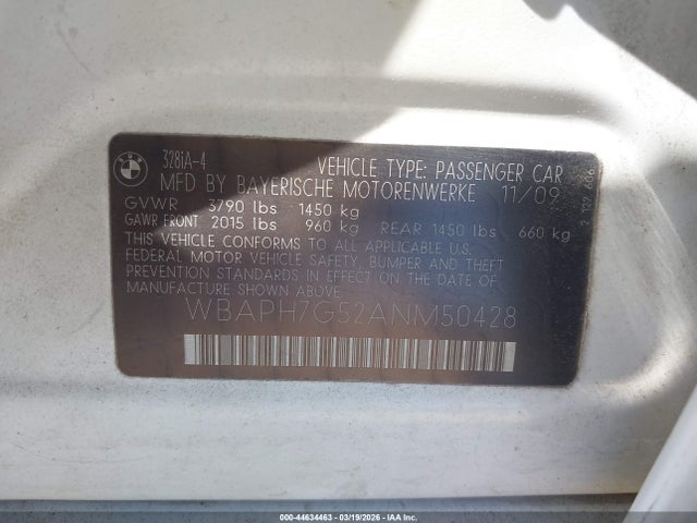 2010 Bmw 328i მანქანა იყიდება აუქციონზე, vin: WBAPH7G52ANM50428, აუქციონის ნომერი: 44634463