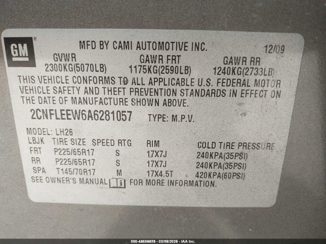 Auction sale of the 2010 Chevrolet Equinox Lt, vin: 2CNFLEEW6A6281057, lot number: 44634470