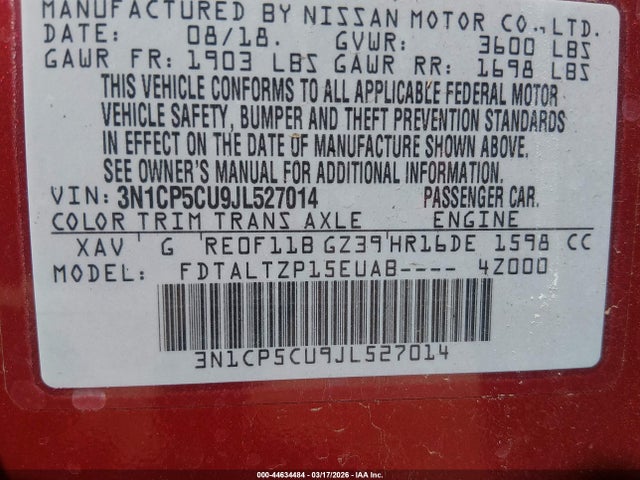 3N1CP5CU9JL527014 Nissan KICKS SR