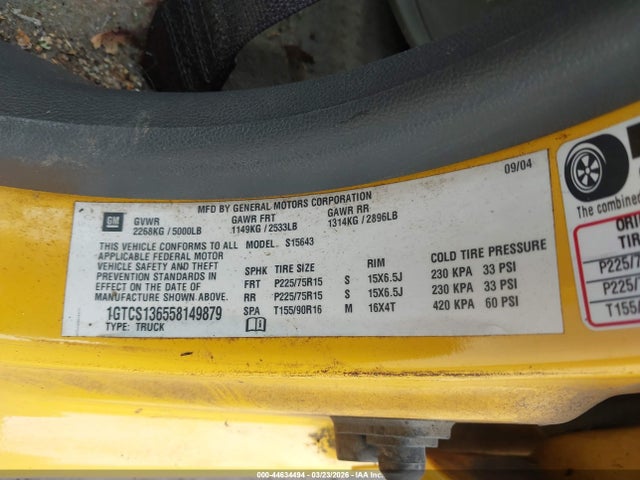 44634494 :رقم المزاد ، 1GTCS136558149879 vin ، 2005 Gmc Canyon Sle مزاد بيع