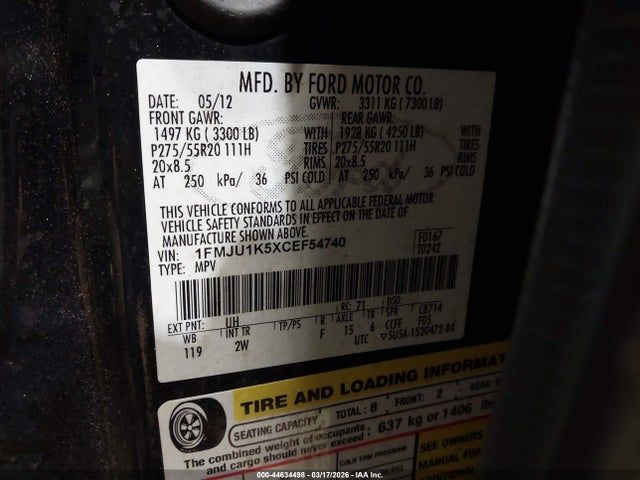 2012 Ford Expedition Limited მანქანა იყიდება აუქციონზე, vin: 1FMJU1K5XCEF54740, აუქციონის ნომერი: 44634498