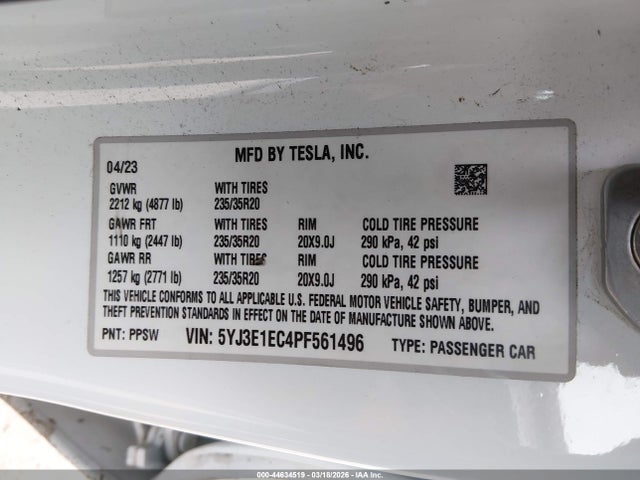 2023 Tesla Model 3 Performance Dual Motor All-wheel Drive მანქანა იყიდება აუქციონზე, vin: 5YJ3E1EC4PF561496, აუქციონის ნომერი: 44634519