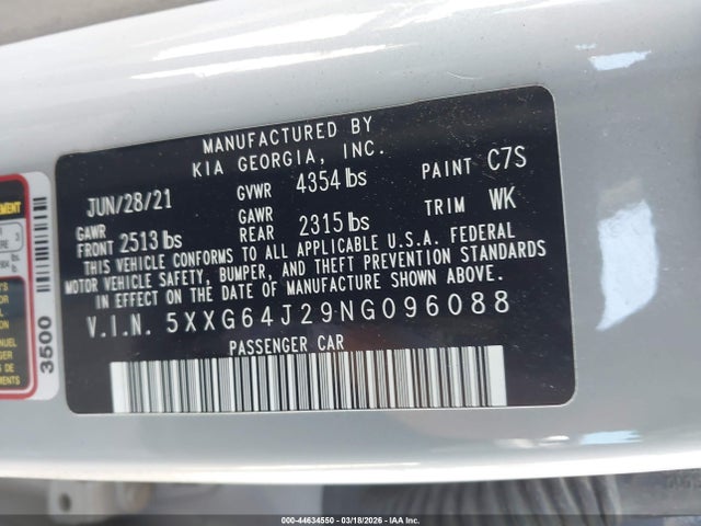 Продажа на аукционе авто 2022 Kia K5 Gt-line, vin: 5XXG64J29NG096088, номер лота: 44634550