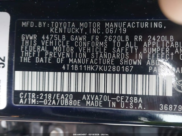 2019 Toyota Camry Se მანქანა იყიდება აუქციონზე, vin: 4T1B11HK7KU280167, აუქციონის ნომერი: 44634557