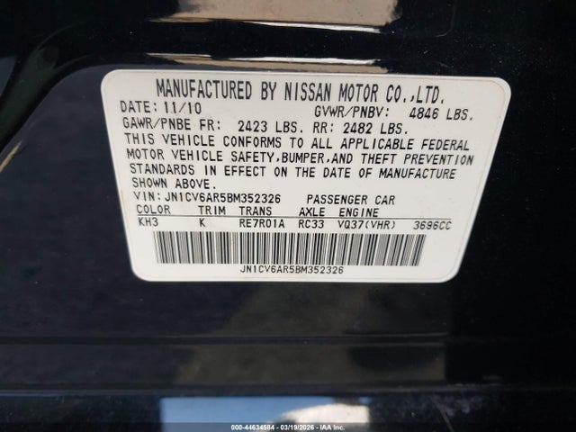 2011 Infiniti G37x მანქანა იყიდება აუქციონზე, vin: JN1CV6AR5BM352326, აუქციონის ნომერი: 44634584
