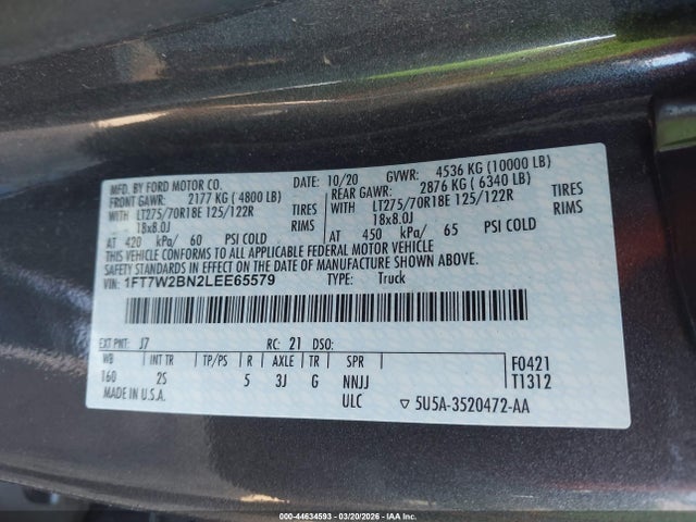 2020 Ford F-250 Xlt მანქანა იყიდება აუქციონზე, vin: 1FT7W2BN2LEE65579, აუქციონის ნომერი: 44634593