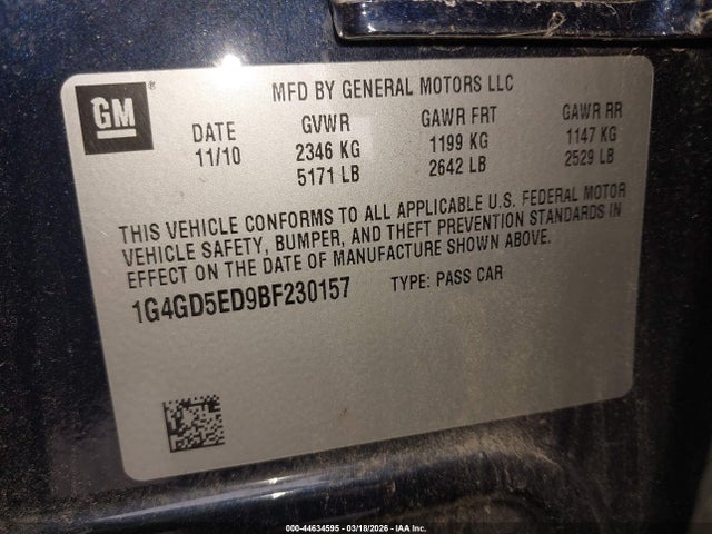 Продаж на аукціоні авто 2011 Buick Lacrosse Cxl, vin: 1G4GD5ED9BF230157, номер лоту: 44634595