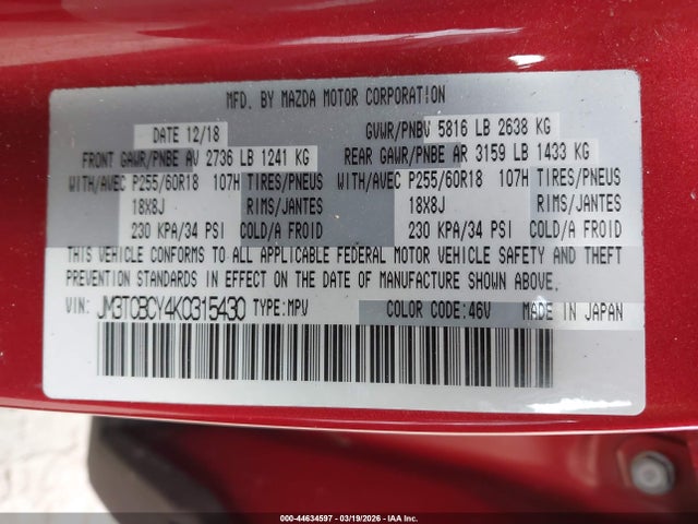 44634597 :رقم المزاد ، JM3TCBCY4K0315430 vin ، 2019 Mazda Cx-9 Touring مزاد بيع